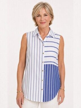Chico’s Blue & White Striped Button Down Sleeveless Top Size L/12 (Chico's 2)